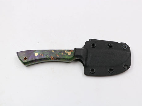 Messerfieber Farbzwerge – grün/lila Maser-Pappel-Griff mit Kydex-Scheide, N690 75 mm, Setaufnahme, EDC/Outdoor