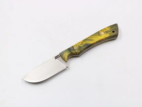 Messerfieber Farbzwerge – EDC-Messer, Griff gelb/grün Maser-Pappel, N690 75 mm, Full-Tang, Gesamtansicht links