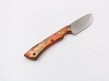 Farbzwerge EDC Messer – rot/gelb Maser-Pappel-Griff, 2,6 mm Klingenstärke, Full-Tang, Profil rechts