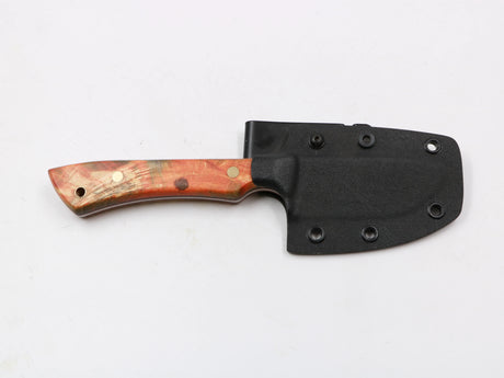 Farbzwerge EDC – rot/braun Maser-Pappel, 2,6 mm Klingenstärke, N690 75 mm, inklusive Kydex-Scheide, Set