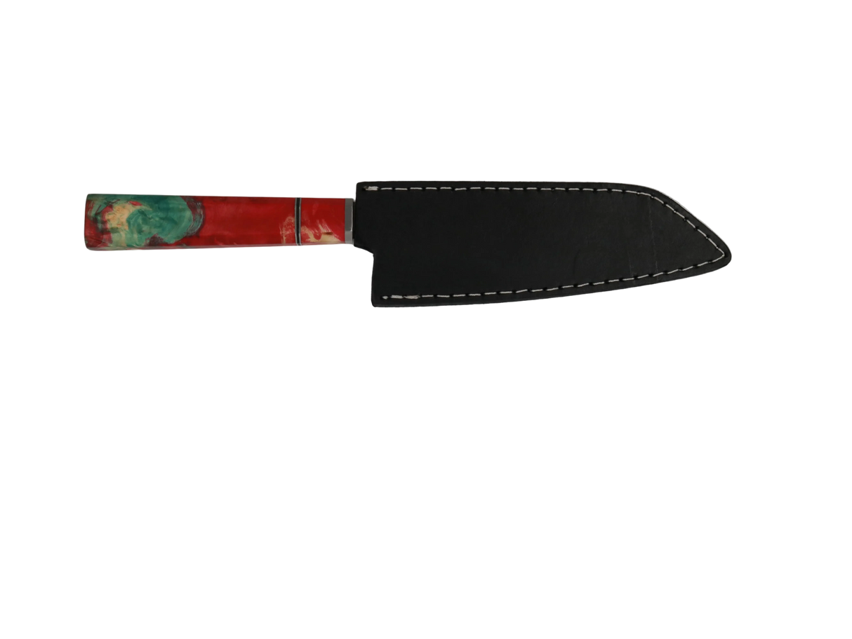 HAWK KNIFE N690 Kiritsuke Küchenmesser handgefertigt mit rotem Resin Holzgriff und schwarzer Lederscheide 