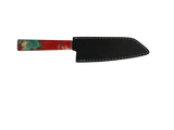 HAWK KNIFE N690 Kiritsuke Küchenmesser handgefertigt mit rotem Resin Holzgriff und schwarzer Lederscheide 