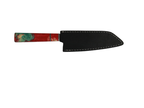 HAWK KNIFE N690 Kiritsuke Küchenmesser handgefertigt mit rotem Resin Holzgriff und schwarzer Lederscheide 