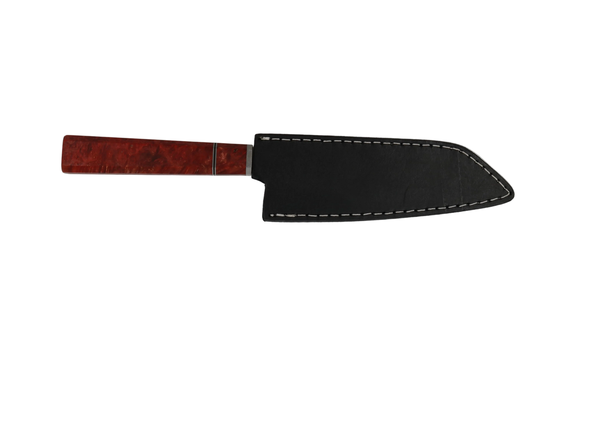 HAWK KNIFE N690 Kiritsuke Küchenmesser handgefertigt mit rotem Resin Holzgriff und schwarzer Lederscheide 