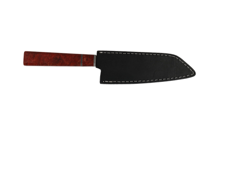 HAWK KNIFE N690 Kiritsuke Küchenmesser handgefertigt mit rotem Resin Holzgriff und schwarzer Lederscheide 