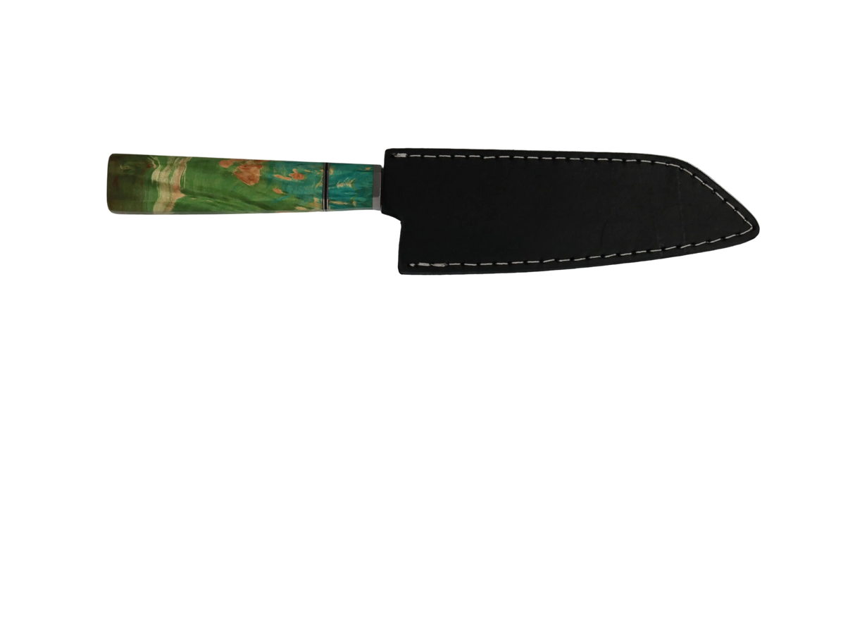 HAWK KNIFE N690 Kiritsuke Küchenmesser handgefertigt mit grünem Resin Holzgriff und schwarzer Lederscheide 