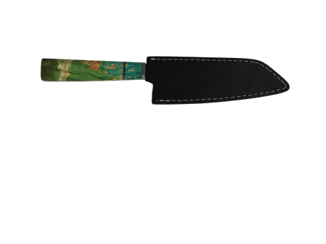 HAWK KNIFE N690 Kiritsuke Küchenmesser handgefertigt mit grünem Resin Holzgriff und schwarzer Lederscheide 