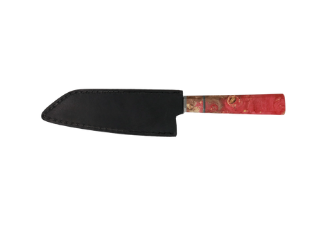 HAWK KNIFE N690 Kiritsuke Küchenmesser handgefertigt mit rotem Resin Holzgriff und schwarzer Lederscheide 