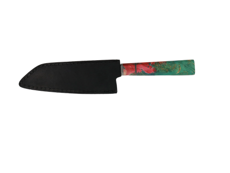 HAWK KNIFE N690 Kiritsuke Küchenmesser handgefertigt mit grünem Resin Holzgriff und schwarzer Lederscheide 