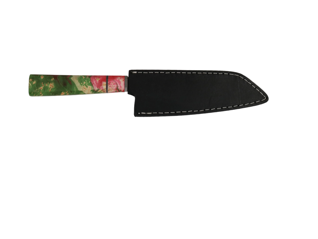 HAWK KNIFE N690 Kiritsuke Küchenmesser handgefertigt mit grünem Naturmuster Griff und schwarzer Lederscheide 