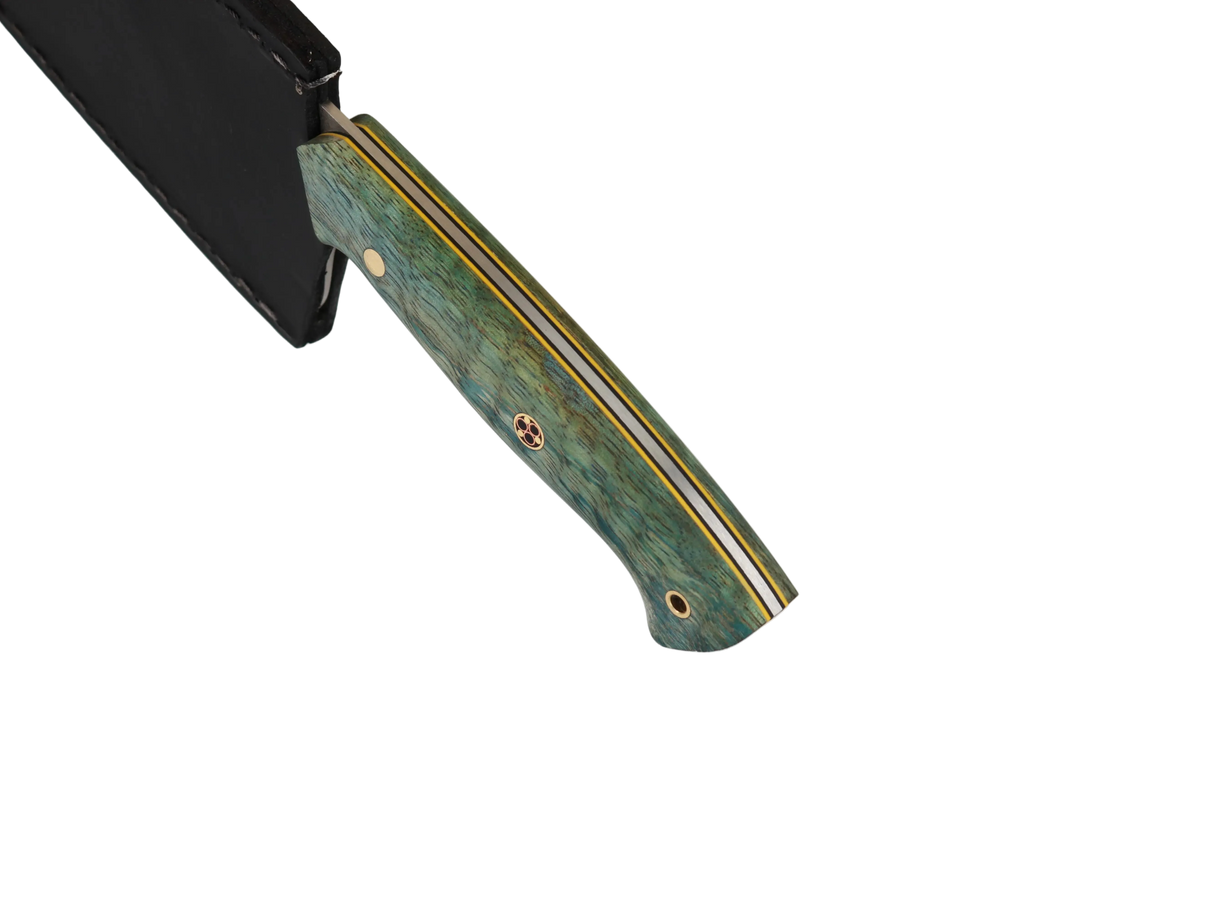HAWK Knife Chefmesser N690 mit stabilisierten Holzgriffen in Blau Grün mit schwarzen Lederscheide 
