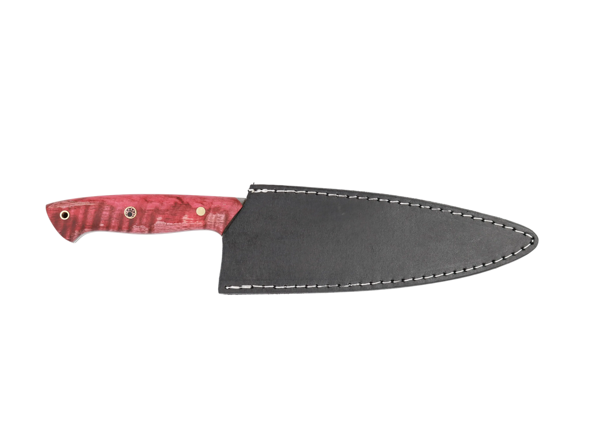 HAWK Knife Chefmesser N690 mit stabilisierten Holzgriffen in  Rot mit schwarzen Lederscheide