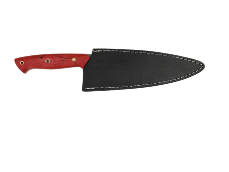 HAWK Knife Chefmesser N690 mit stabilisierten Holzgriffen in Rot mit schwarzen Lederscheide 