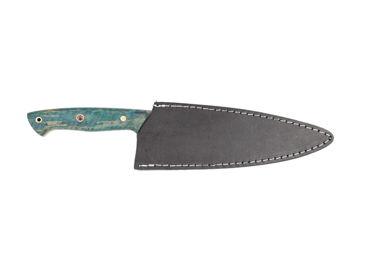 HAWK Knife Chefmesser N690 mit stabilisierten Holzgriffen in Blau Grün mit schwarzen Lederscheide 