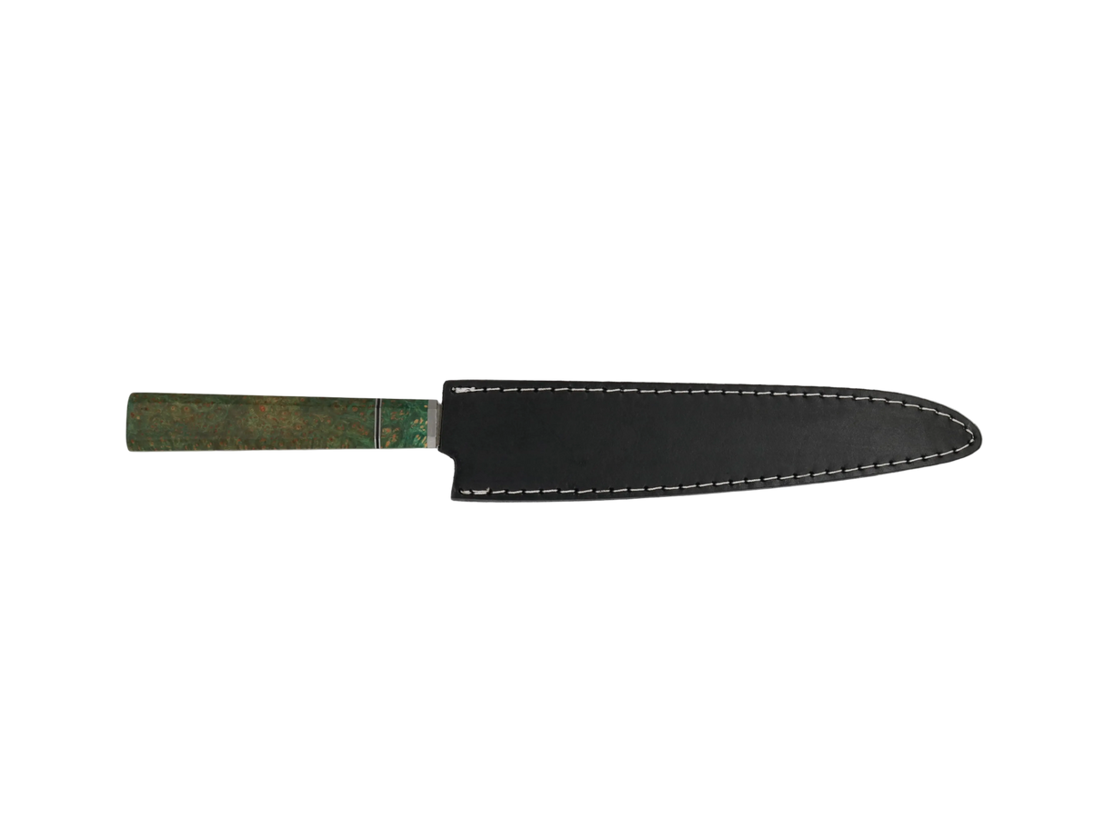 Sujihiki Küchenmesser N690 mit stabilisiertem Griff grün mit schwarzen Lederscheide 
