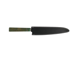 Sujihiki Küchenmesser N690 mit stabilisiertem Griff grün mit schwarzen Lederscheide 