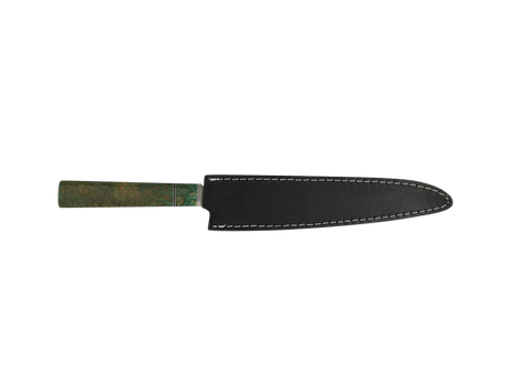 Sujihiki Küchenmesser N690 mit stabilisiertem Griff grün mit schwarzen Lederscheide 
