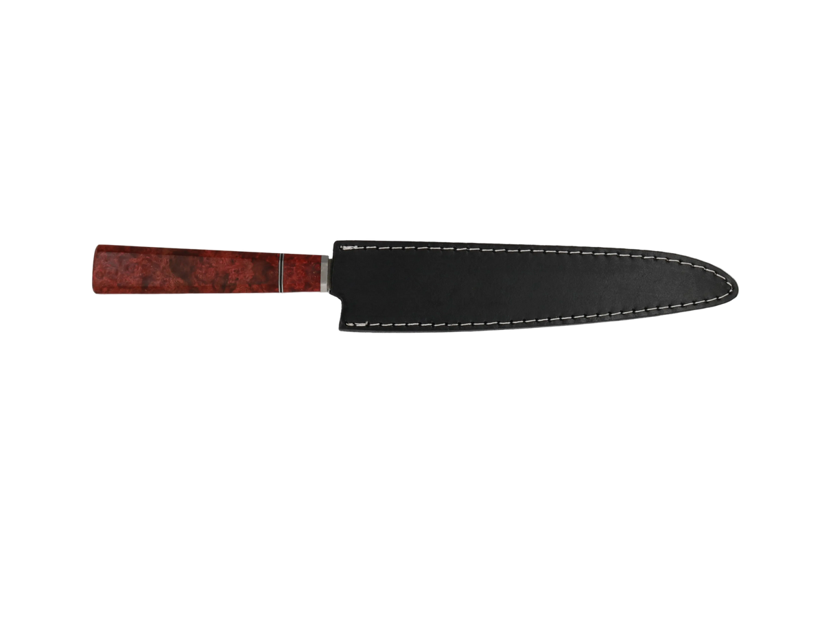 Sujihiki Küchenmesser N690 mit roter Holzgriff mit schwarzen Lederscheide