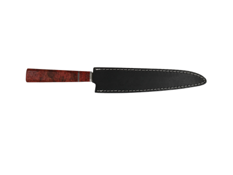 Sujihiki Küchenmesser N690 mit roter Holzgriff mit schwarzen Lederscheide