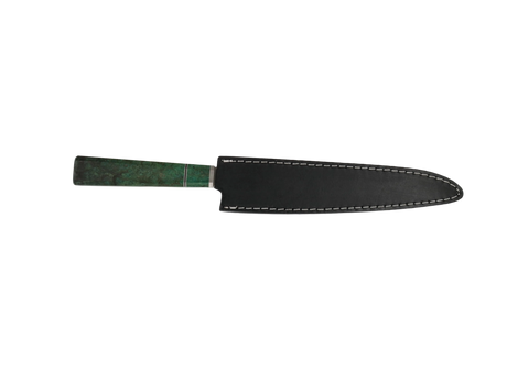 Sujihiki Küchenmesser N690 mit grünem Resin Griff mi schwarzen Lederscheide 