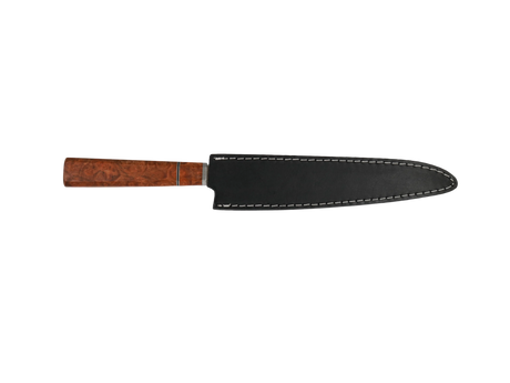 Sujihiki Küchenmesser N690 mit braunem Holzgriff mit schwarzen Lederscheide 