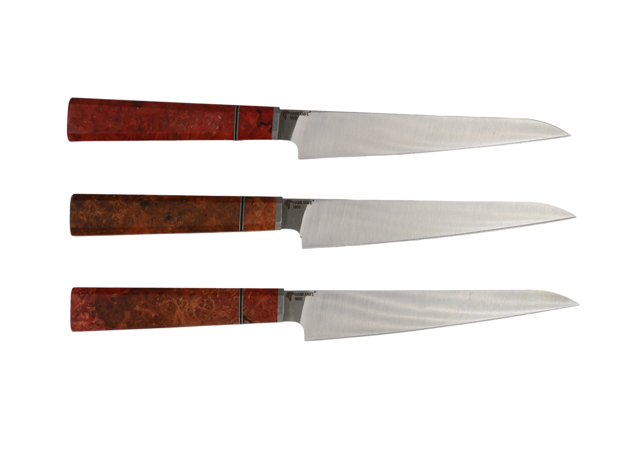 Handgefertigtes Sujihiki Messer mit Maserholz Griff rot braun