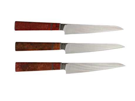 Handgefertigtes Sujihiki Messer mit Maserholz Griff rot braun