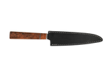 Handgefertigtes Sujihiki Messer mit Maserholz Griff rot braun mit schwarzen Lederscheide 
