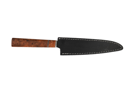 Handgefertigtes Sujihiki Messer mit Maserholz Griff rot braun mit schwarzen Lederscheide 