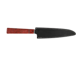 Handgefertigtes Sujihiki Messer mit Maserholz Griff rot braun mit schwarzen Lederscheide 