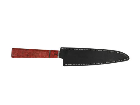 Handgefertigtes Sujihiki Messer mit Maserholz Griff rot braun mit schwarzen Lederscheide 