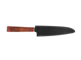 Handgefertigtes Sujihiki Messer mit Maserholz Griff rot braun mit schwarzen Lederscheide 