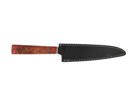 Handgefertigtes Sujihiki Messer mit Maserholz Griff rot braun mit schwarzen Lederscheide 