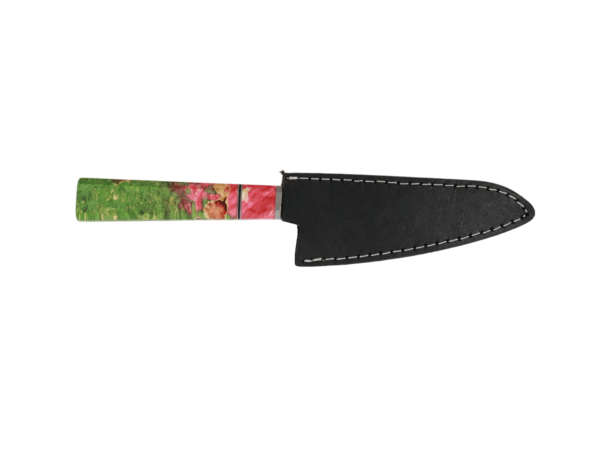 HAWK Knife Honesuki N690 mit grün rotem stabilisiertem Griff mit schwarzen Lederscheide 