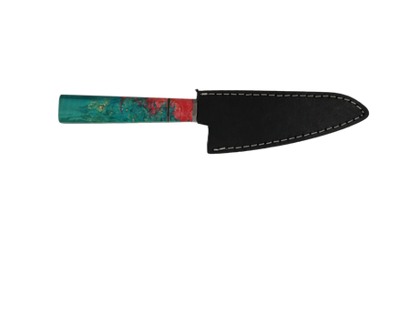 HAWK Knife Honesuki N690 mit türkis goldenem Holzgriff mit schwarzen Lederscheide 