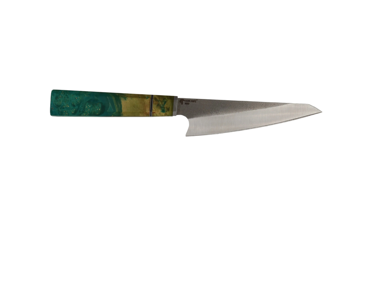 HAWK Knife Honesuki N690 mit türkis orangem stabilisiertem Holzgriff