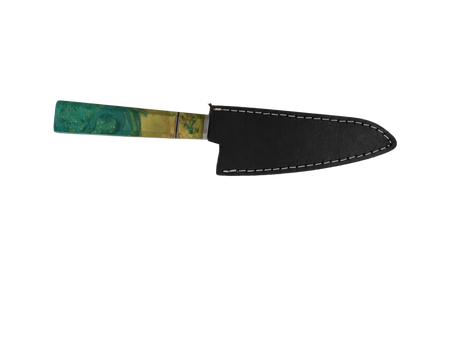 HAWK Knife Honesuki N690 mit türkis orangem stabilisiertem Holzgriff mit schwarzen Lederscheide 