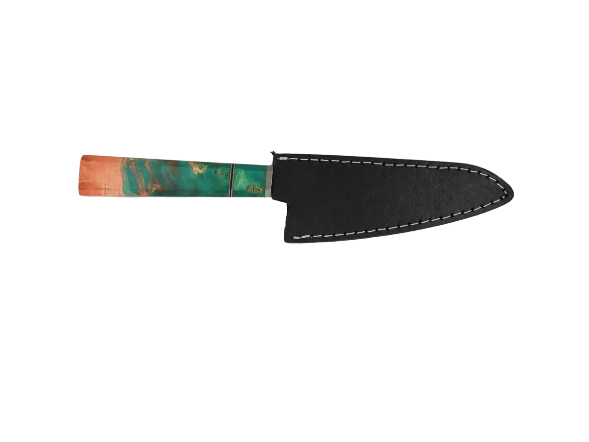 HAWK Knife Honesuki N690 mit türkis rotem stabilisiertem Holzgriff mit schwarzen Lederscheide 