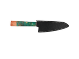 HAWK Knife Honesuki N690 mit türkis rotem stabilisiertem Holzgriff mit schwarzen Lederscheide 