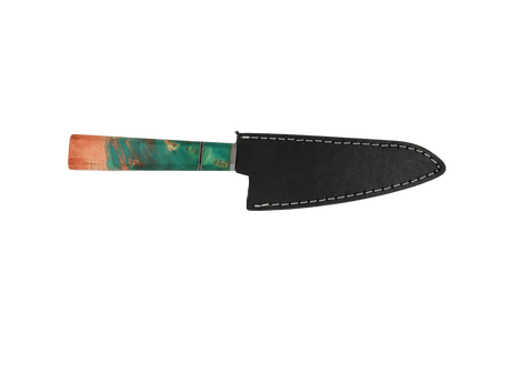 HAWK Knife Honesuki N690 mit türkis rotem stabilisiertem Holzgriff mit schwarzen Lederscheide 
