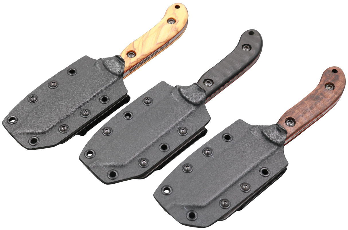 Messerfieber Woodpecker N690 mit schwarzer Kydex-Scheide und Griffvarianten