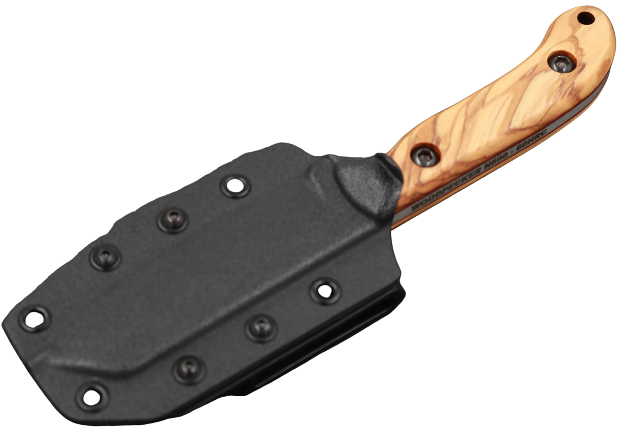 Messerfieber Woodpecker N690 mit schwarzer Klinge und Olivenholzgriff mit Kydex-Scheide