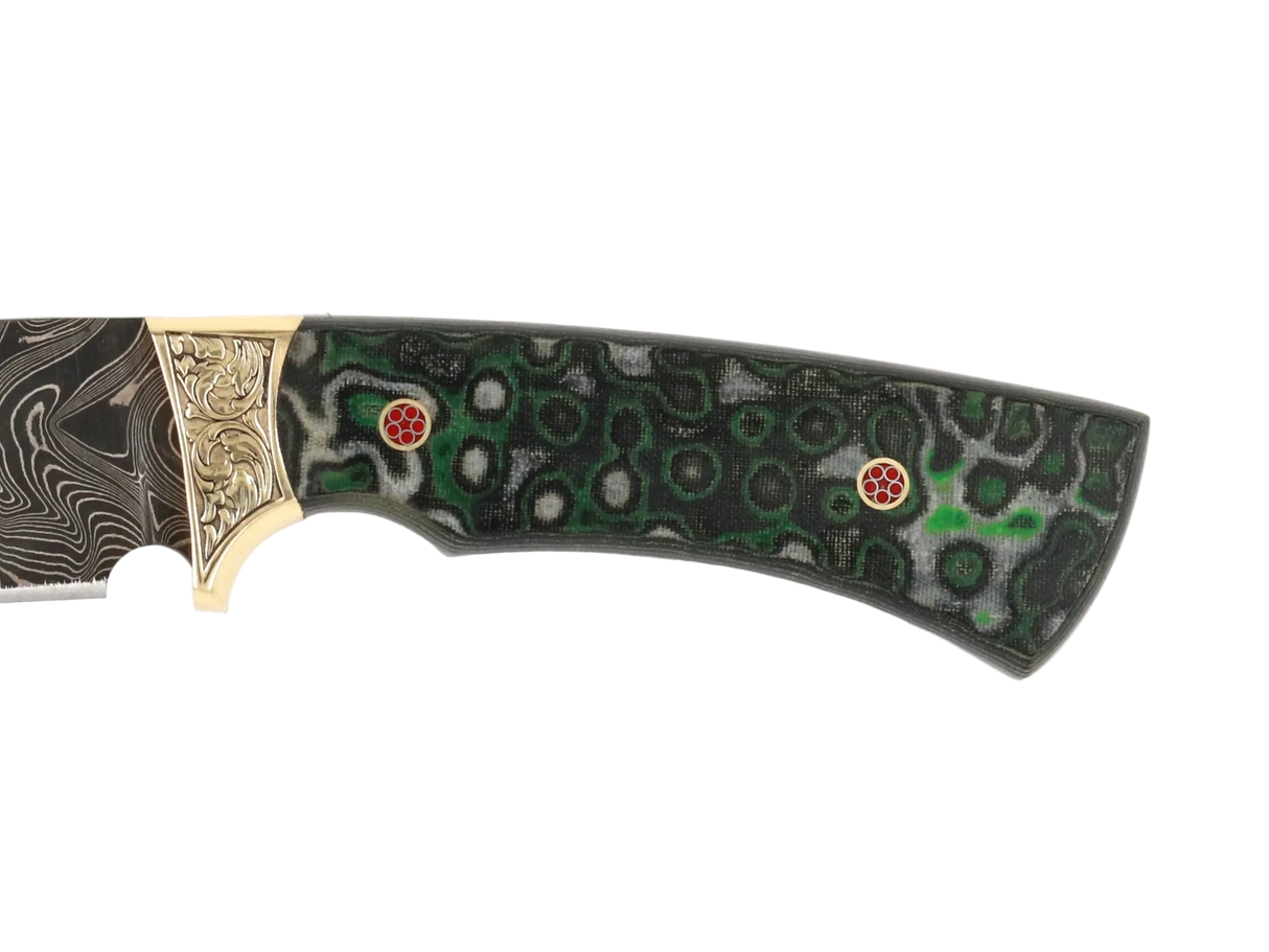 Detailaufnahme Messerfieber Arkan 130 Damast mit dekorativem Micarta-Griff