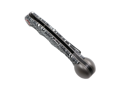 Ironroots Klappmesser Detail – Rücken/Clip-Ansicht, Crazy Micarta Griff, Fischbetäuber am Ende, Produktfoto