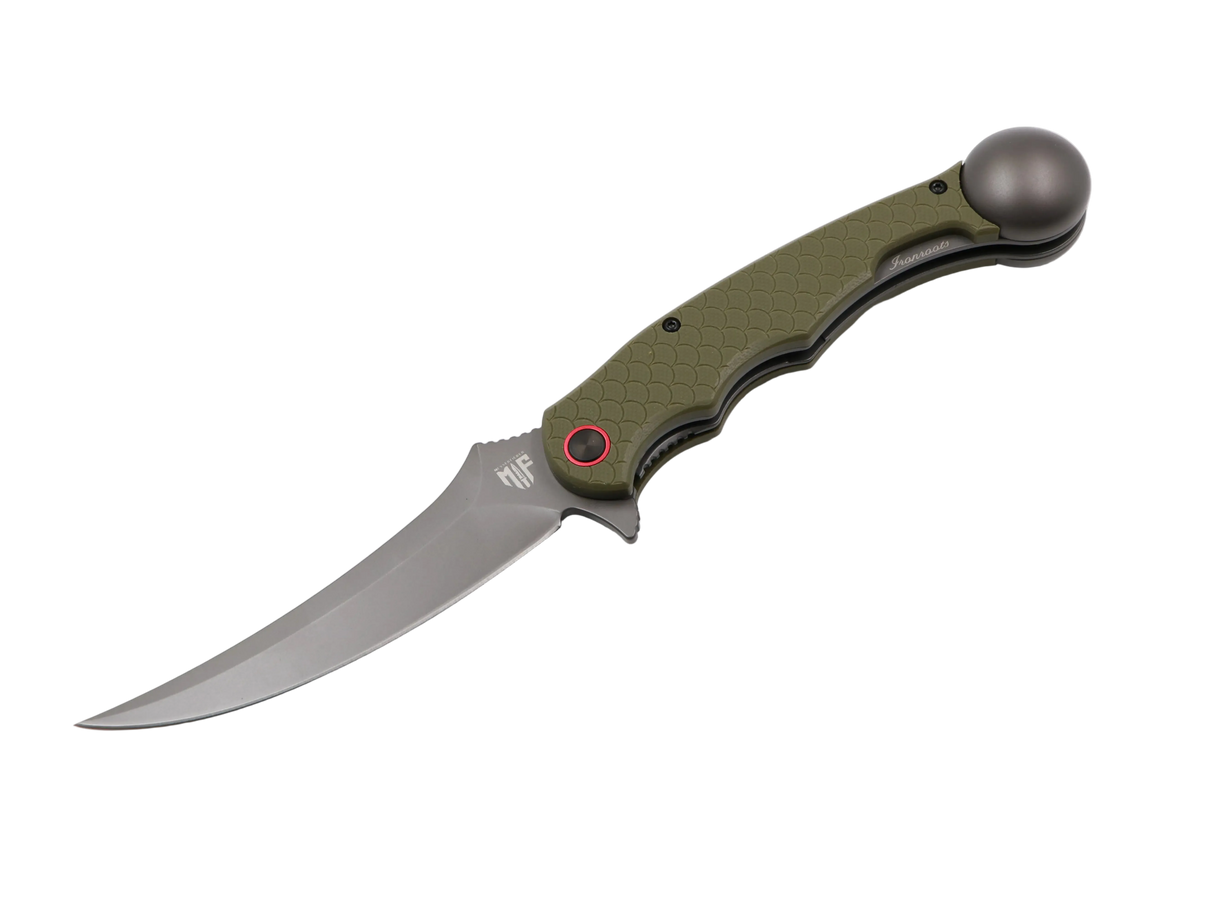 Ironroots Angler-Klappmesser Olive – Taschenmesser mit Fischbetäuber am Griffende, offene Klinge, Produktfoto
