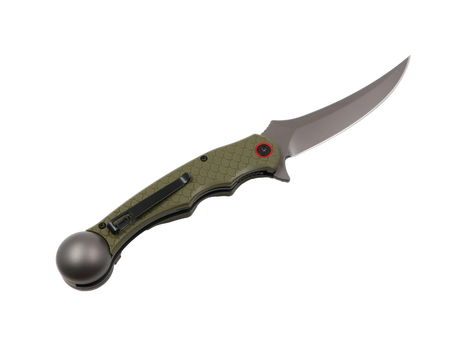 Ironroots Olive Angler-Taschenmesser – offene Klinge, Olivgriff, Fischbetäuber integriert, Studioaufnahme auf weiß