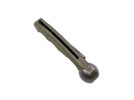 Ironroots Olive Messer Detail – Seiten-/Rückenansicht, Klappmesser mit Fischbetäuber, sauber freigestellt auf weiß