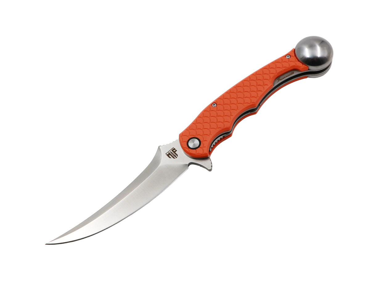 Ironroots Orange Angler-Taschenmesser – Klappmesser mit Fischbetäuber, offene Klinge, auffälliger Griff, Studiofoto