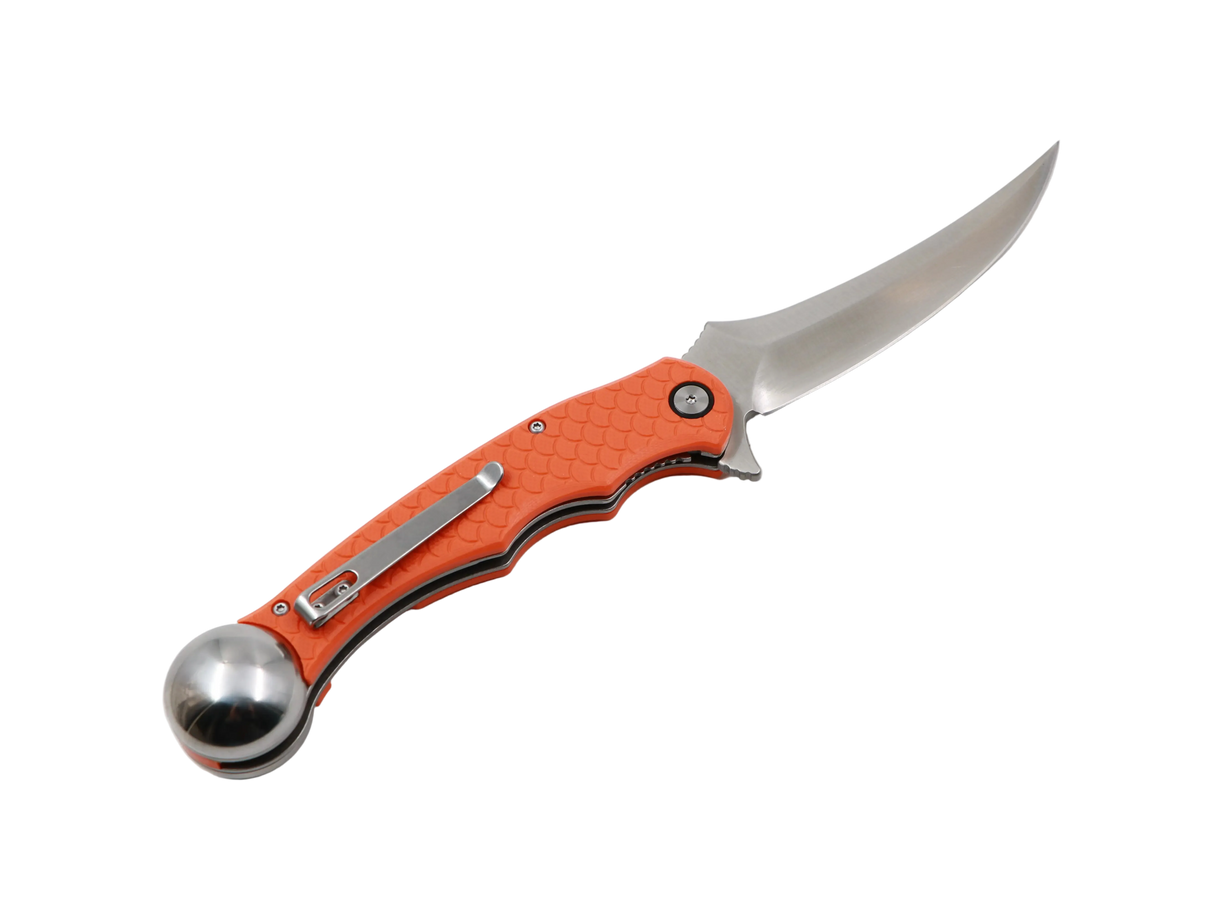 Ironroots Klappmesser fürs Angeln – Orange Griff, offene Klinge in Seitenansicht, Fischbetäuber am Griffende