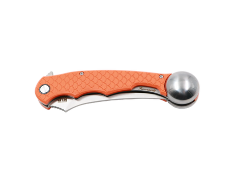 Ironroots Orange Klappmesser geschlossen – Taschenmesser mit integriertem Fischbetäuber, Outdoor/EDC, weißer Hintergrund